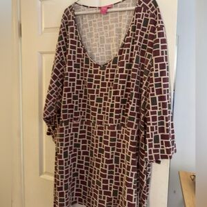 Woman Within Geometric 3/4 sleeve Tunic in Burgundy and Cream